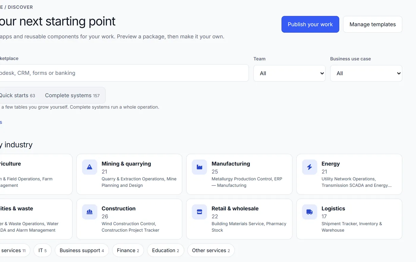 The Appdor template marketplace, with apps grouped by industry and by team
